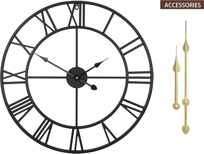 LEIKE Large Wall Clock, 24" Completely Silent, Non Ticking, Battery-Operated,Rustic Round Modern Metal Wall Clock Decor for Living Room, Bedroom and Kitchen, (60cm, Black-Roman Number)-Ruum Studio Home