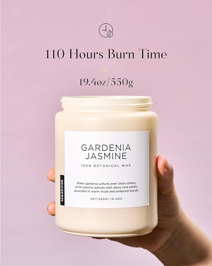 M&SENSE Gardenia Jasmine Scented Candle, 110 Hours Slow Burning Clean Non Toxic 19.4oz 2 Wicks Highly Scented Aromatherapy Candle for Housewarming Gifts, Long Lasting Fragrance for Bath & Office-Ruum Studio Home