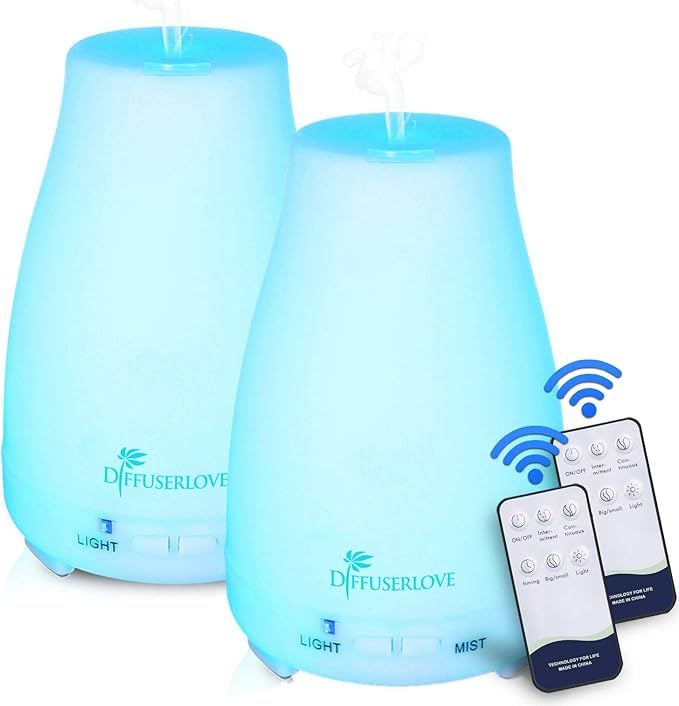 Diffuserlove Diffuser 2 Pack Essential Oil Diffuser 200ML Remote Control Ultrasonic Aromatherapy Diffuser Mist Humidifiers for Bedroom Office Yoga-Ruum Studio Home