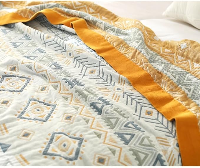 Boho Muslin Blanket for Adults 4-Layer Gauze 80 x 90 Inches Soft Cozy 100% Cotton Cooling Blanket Geometric Farmhouse Decor for Sofa Bed Coverlet Both Sides (Boho-G-Yellow, 80 x 90 in)-Ruum Studio Home