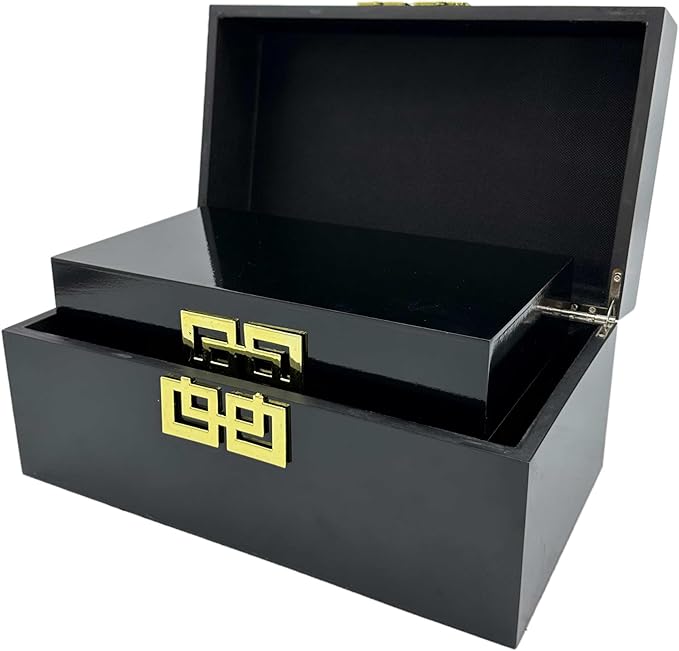 Galt International Storage Box Set Decorative Storage Box w/Hinged Lid Classic Design Wood Decor Boxes with Geometric Clasp Storage for Bedroom & Home - Set of 2 (Black & Gold)-Ruum Studio Home