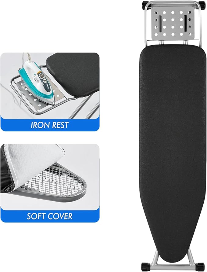Ironing Board, Heat Resistant Cover Iron Board with Steam Rest, Non-Slip Foldable Ironing Stand. Heavy Sturdy Metal Frame Legs Iron Stand(13 * 34 * 53 Inches) (Silver Black)-Ruum Studio Home