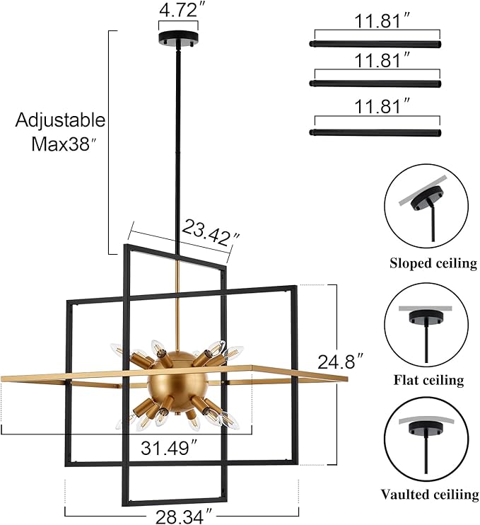 31.5'' Large Modern Lantern Chandeliers, 12-Light Black Gold Geometric Pendant Light Fixture, Industrial Hanging Chandelier for Entryway Foyer Hallway Dining Room, Kitchen Island-Ruum Studio Home