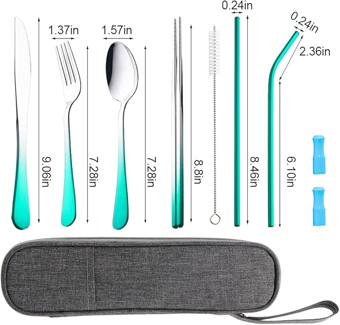 Travel Utensils Set with Case Reusable Portable Cutlery Set Stainless Steel 8pcs Including Dinner Knife Fork Spoon Chopsticks straws(Gradient Green)-Ruum Studio Home