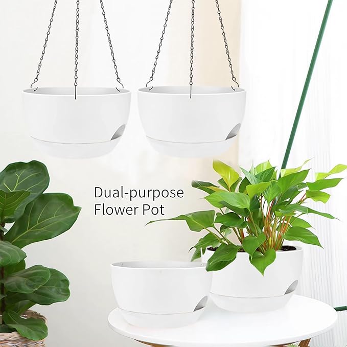 2 Pack Hanging Planters for Indoor Outdoor Plants, 8 Inch Self Watering Hanging Pot with Drainage Holes and Saucer, Plastic Plant Pots, White Flower Pots for Kitchen, Balcony, Garden-Ruum Studio Home