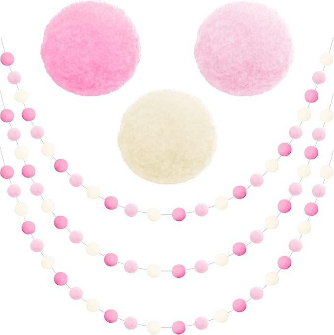 Jishi 3-Pack Pom Pom Garland Pink Felt Ball Ornament Garland Christmas Decorations, Cute Pompom Strings for Christmas Tree Decor, Xmas Holiday Party, Birthday Banner - 6.6 Feet Long, 24 Balls 25mm-Ruum Studio Home