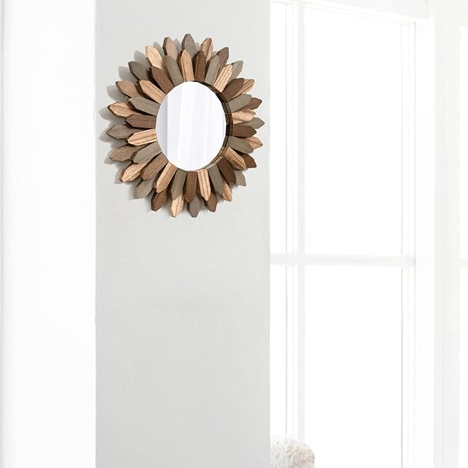 Honiway Boho Wall Decor 12 inch Decorative Mirror with Rustic Wood Sunburst Frame, Perfect for Bedroom, Living Room, Bathroom, Kitchen-Ruum Studio Home