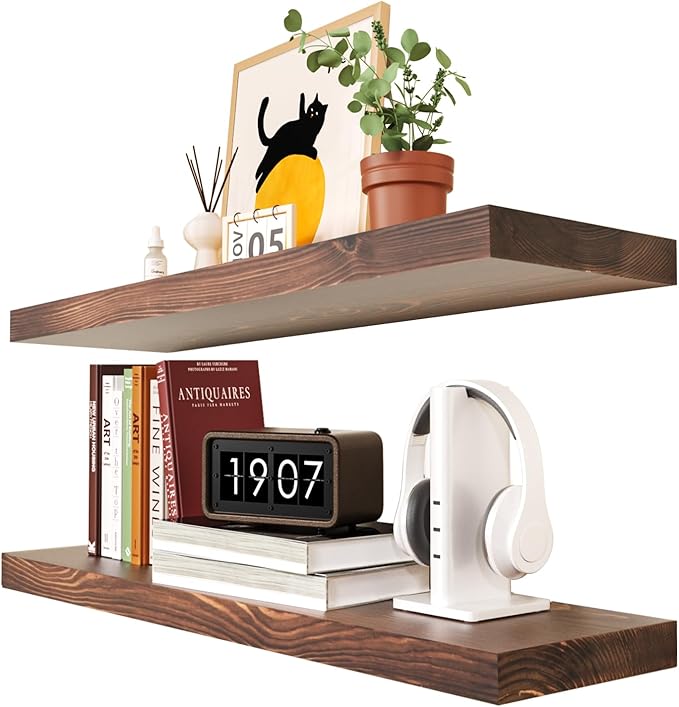 Habudda Floating Shelves Set of 2, Natural Pine Wood Shelf for Bathroom Bedroom Kitchen, 30 inch Long, Rustic Decor, Walnut-Ruum Studio Home