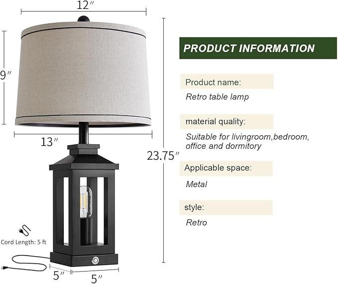 23.75" Retro Farmhouse Black Table Lamp for Living Room Bedroom Nightstand Set of 2 Touch Control Bedside Nightlight Vintage Modern Lamp with USB C+A Ports and 2 Light Sources-Ruum Studio Home