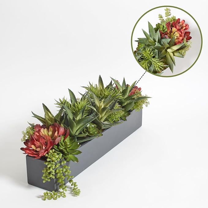 Oblong Faux Succulent Arrangement, Premium Artificial Indoor Plant Enhances Interior Design, Display on any Surface in Your Home Adding an Inviting Touch of Nature, Grey Planter Pot Included-Ruum Studio Home