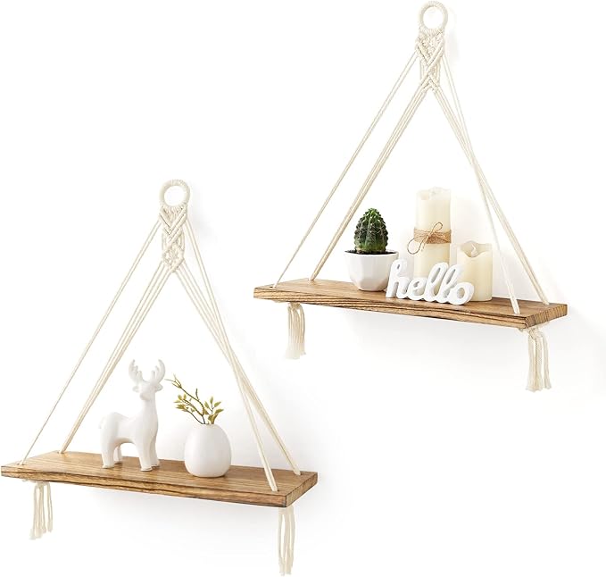 Mkono Macrame Hanging Shelves Boho Wall Decor Set of 2 Rustic Wood Floating Storage Shelf for Bedroom Bathroom Living Room Nursery Dorm Room, Display Shelving for Hanging Plants Photos-Ruum Studio Home