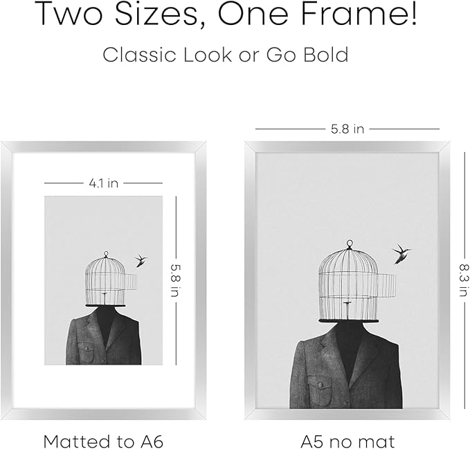 Homeforia A5 Picture Frame Silver, High End Metal 5.8 x 8.3 Frame Matted to 4.1 x 5.8 Art, A5 Frame with Mat A6, 5.8x8.3 Poster Frames, 8.3x5.8 Size Display Frames, Tempered Glass, Wall Kit, Set of 1-Ruum Studio Home