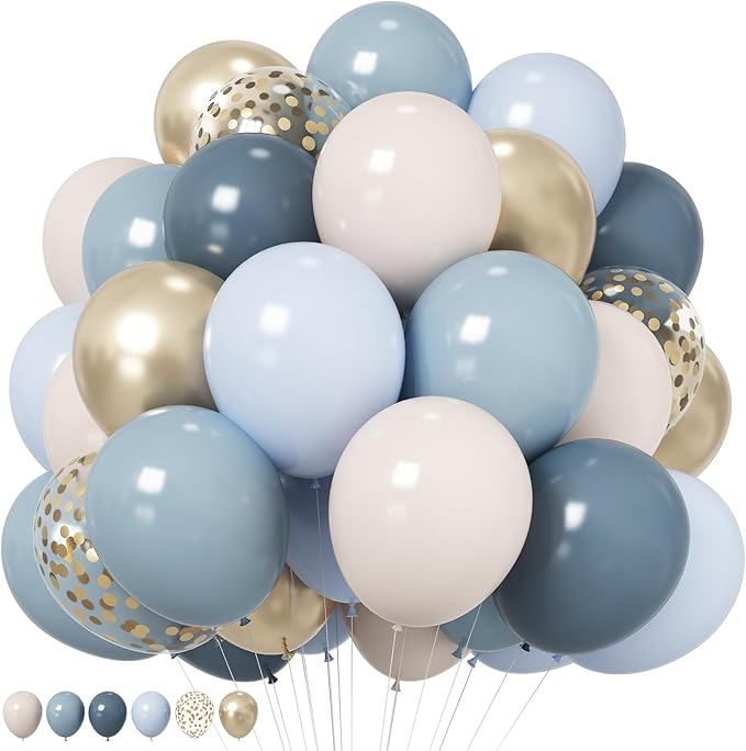 Dusty Blue Balloons 12 Inch Pastel Fog Blue Slate White Sand Metallic Gold Confetti Party Balloons Light Baby Blue White Gold Latex Balloon for Boy Baby Shower Birthday Wedding Party Decoration-Ruum Studio Home