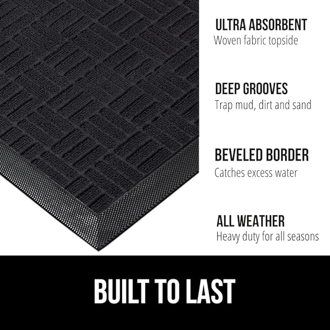 GORILLA GRIP 100% Waterproof All-Season WeatherMax Doormat, 34x58, US Designed Natural Rubber, Stain and Fade Resistant, Low Profile Indoor Outdoor Door Mats, Easy Clean Patio Mat, Midnight Maze-Ruum Studio Home