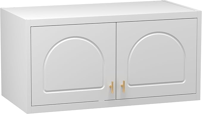 Wall Cabinet with Doors, Small Hanging Cabinet for Kitchen Pantry, Metal Overhead Cabinets for Dining, Living Room, Bathroom, 16" D x 32" W x 15" H, White, Assembly Required-Ruum Studio Home