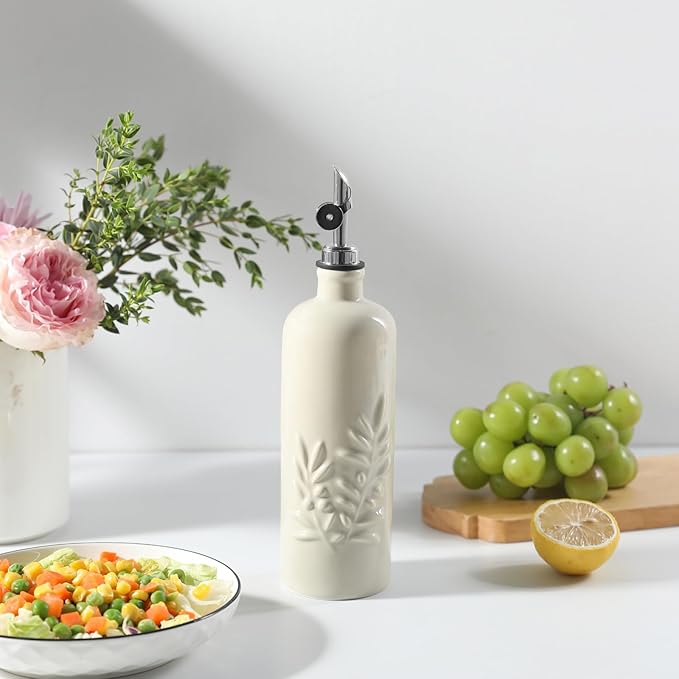 Sweejar 18 Oz Oil Dispenser for Kitchen with Gravity Spout, Ceramic Olive Oil Dispenser Bottle, Relief Opaque Vinegar Container for Evoo, Vinegar, Soy Sauce, Pack of 1(Beige, Silver Spout)-Ruum Studio Home