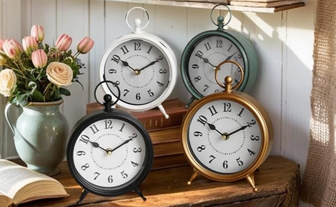 Small white table clock Vintage Rustic White Table Clock on Stand, Decorative Desk and Shelf Clock Farmhouse Mantel Clock Rustic Non-Ticking Clock-Ruum Studio Home