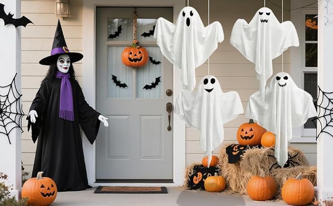 4 Pack Halloween Hanging Ghost Decorations, 27.5" Light Up Spooky Floating Ghosts with LED Glow, Waterproof Outdoor & Indoor Haunted House, Porch, Yard, Garden Party Decor-Ruum Studio Home