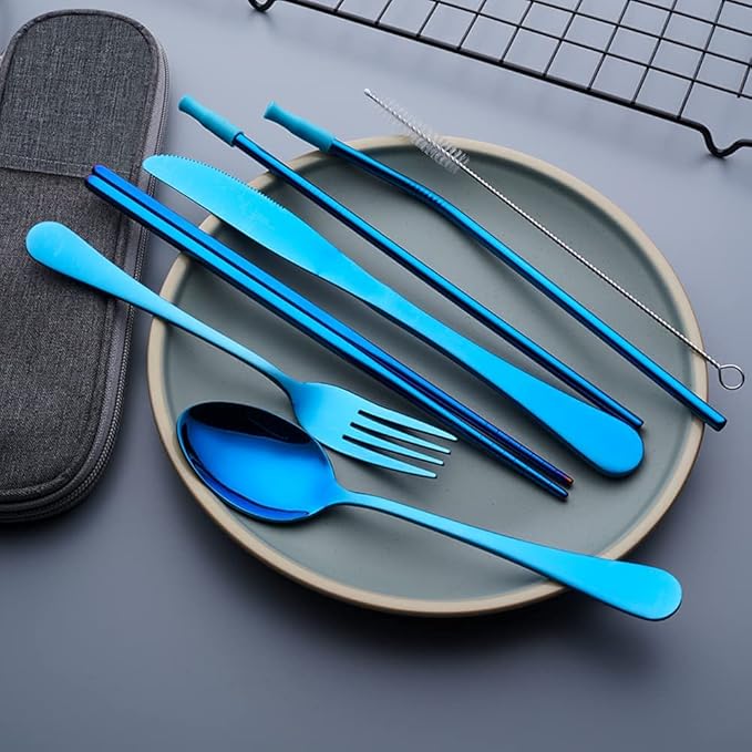 Travel Utensils Set with Case Reusable Portable Cutlery Set Stainless Steel 8pcs Including Dinner Knife Fork Spoon Chopsticks straws(Blue)-Ruum Studio Home