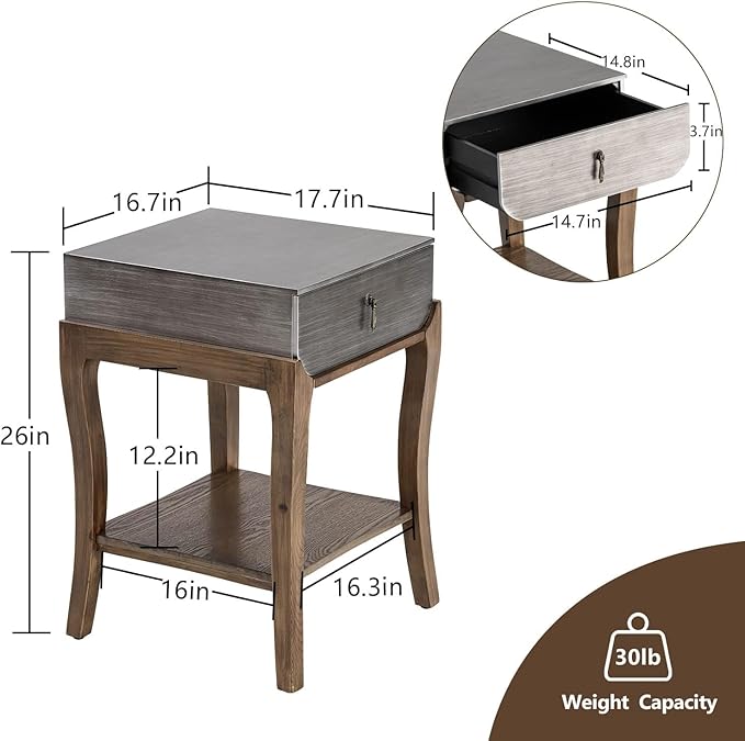 COSIEST Rustic Nightstand, 2-Tier Farmhouse Bedside Table, Wood Accent End Table with Storage Drawer and Open Display Shelf for Bedroom Nursery Living Room (Black & Silver)-Ruum Studio Home
