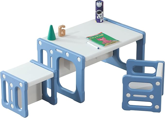 3 in 1 Montessori Weaning Table and 2 Chairs Set, Kids Activity Table Set, 2 Height Levels, Toddlers Activity Table for Drawing, Dining, Reading and Playing, Blue-Ruum Studio Home
