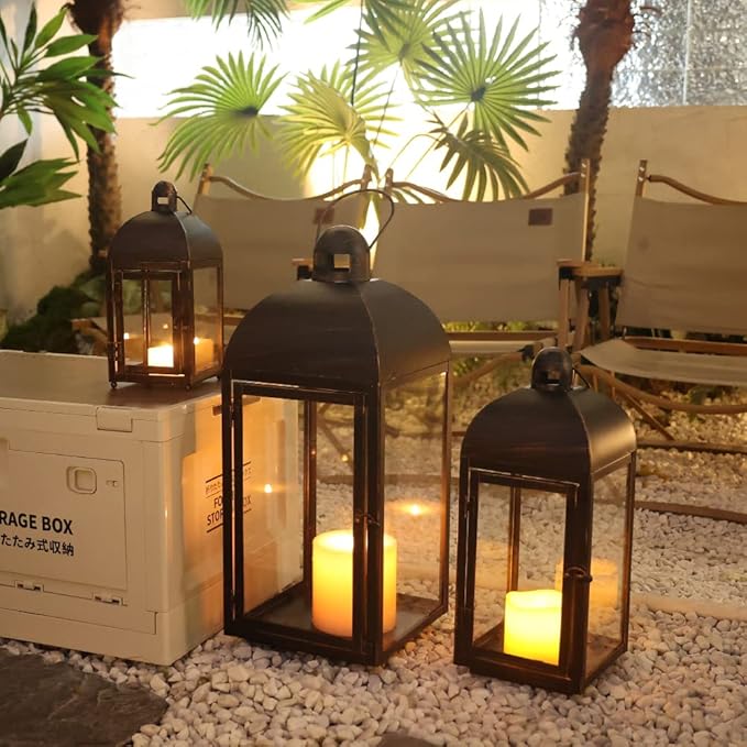 NEEDOMO Lanterns Decorative Outdoor & Indoor, Set of 3 Outdoor Lanterns for Porch, 23" Large Candle Lantern, Bronze Metal Frame with Glass, Vintage Farmhouse, Patio, Pathway, Garden, Fall, Christmas-Ruum Studio Home