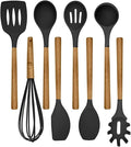 Country Kitchen Non Stick Silicone Utensil Set with Rounded Wood Handles for Cooking and Baking, 8 Piece Set, Black-Ruum Studio Home