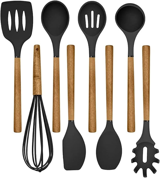 Country Kitchen Non Stick Silicone Utensil Set with Rounded Wood Handles for Cooking and Baking, 8 Piece Set, Black-Ruum Studio Home