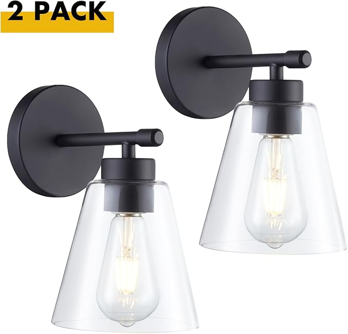 Hamilyeah Black Bathroom Sconces Wall Lighting, Farmhouse Wall Sconces Set of 2, Industrial Black Sconces with Clear Glass Shade for Living Room, Kitchen, Hallway-Ruum Studio Home