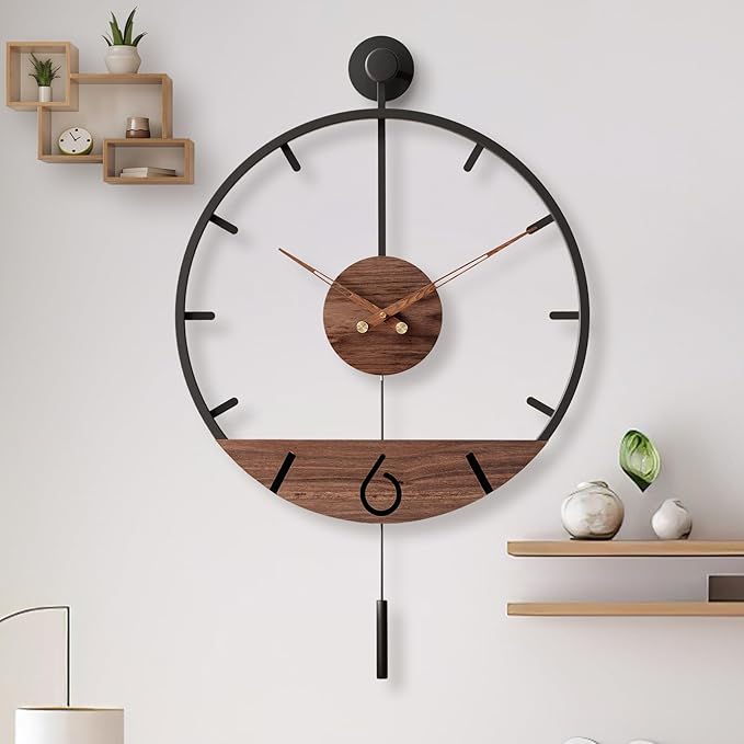 34.6×24 Inch Large Modern Decorative Pendulum Wall Clock,Big Metal Farmhouse Oversized Silent Wall Clocks Minimalist Elegant Walnut Dial Pointers for Living Room,Office,Dining Room Decor-Ruum Studio Home
