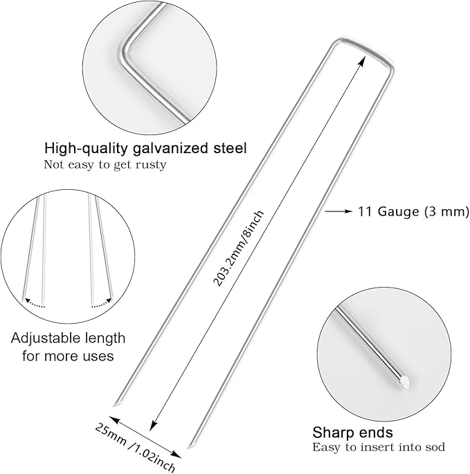 FEED GARDEN 8 Inch 50 Pack Galvanized Landscape Staples 11 Gauge Anti-Rust Garden Stakes Landscaping Fabric SOD Pins Yard Stakes for Weed Barrier Fabric-Ruum Studio Home