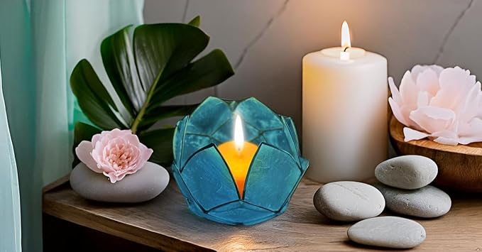 Blooming Lotus Capiz Shell Tealight Candle Holder, Handcrafted Decorative Tea Light Candleholder with Translucent Flower Petals for Ambient Illumination and Natural Elegance, Aquamarine-Ruum Studio Home