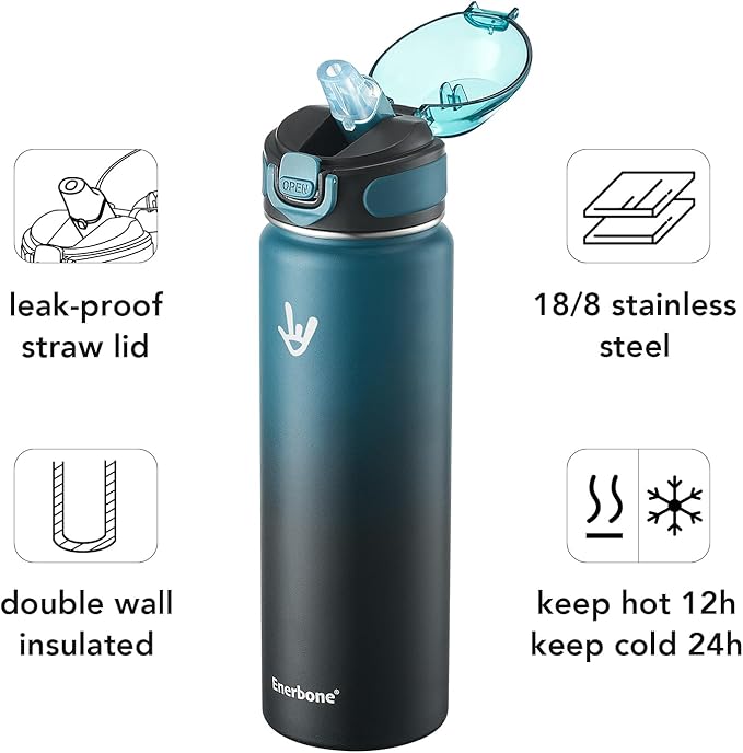 Enerbone 24 oz Insulated Water Bottle, Stainless Steel Bottle with Carrying Strap, Double-Wall Vacuum Insulation Design, Leakproof Sports Bottle with Straw, Keep Drinks Cold or Hot for Hours-Ruum Studio Home