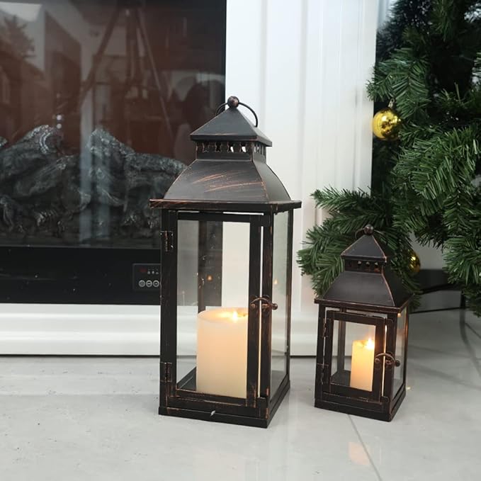 NEEDOMO Lanterns Decorative Outdoor&Indoor, Set of 2 Large Bronze Metal Lantern Decor with Glass, Candle Holder for Porch, Patio, Garden, Balcony, Wedding, Table Centerpiece Decorations-Ruum Studio Home