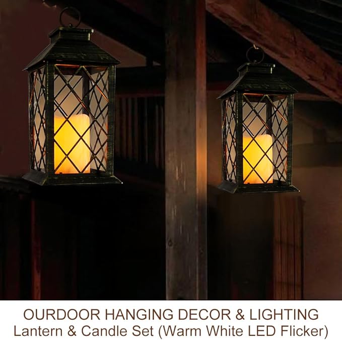 Bright Zeal 2-Pack 13.5" Vintage Candle Lantern with LED Candle (Distressed Gold, 6hr Timer) - IP44 Waterproof Outdoor Hanging Lanterns Battery Powered - Tabletop Lantern Decorative Home Lanterns-Ruum Studio Home