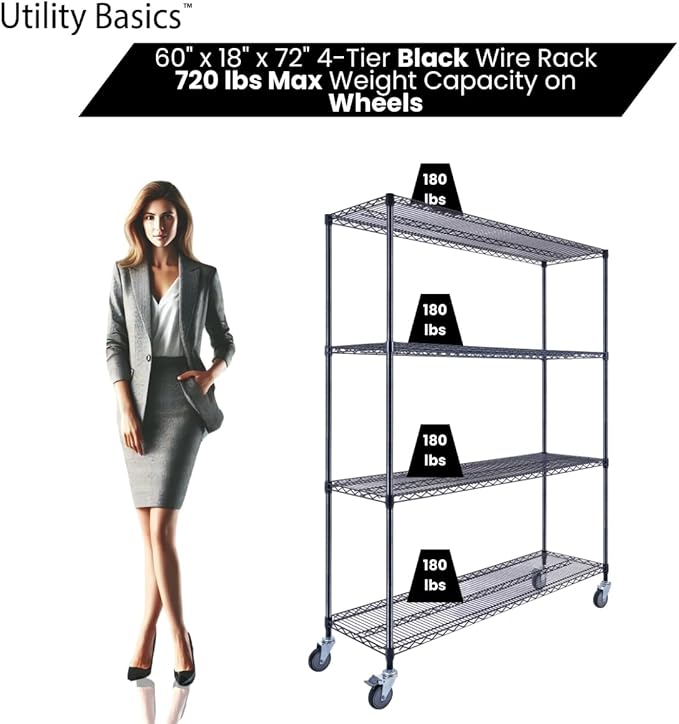 60"x18"x72" Black Premium Metal Steel Wire Shelving 4-Tier NSF 3200 LBS MAX Capacity Heavy Duty Storage Rack for Garages, Commercial Spaces, Hospitals, & Schools w/Premium Wheels-Ruum Studio Home