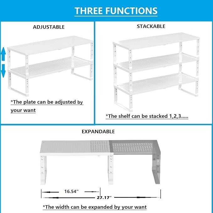Expandable,Adjustable & Stackable Spice Rack, Cabinet Kitchen Countertop Shelf Organizer,Metal Pantry Storage Shelves - Space-Saving Storage Solution(1Pack/White/Medium)-Ruum Studio Home