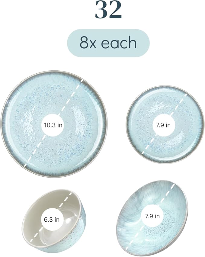 32 Piece Dinnerware Sets for 8 - Modern Style Stoneware Dinnerware Set - Scratch Resistant, Dishwasher Safe Plates and Bowls Sets Ceramic, Dish Set, Bowl and Plate Set - Beige and Blue…-Ruum Studio Home