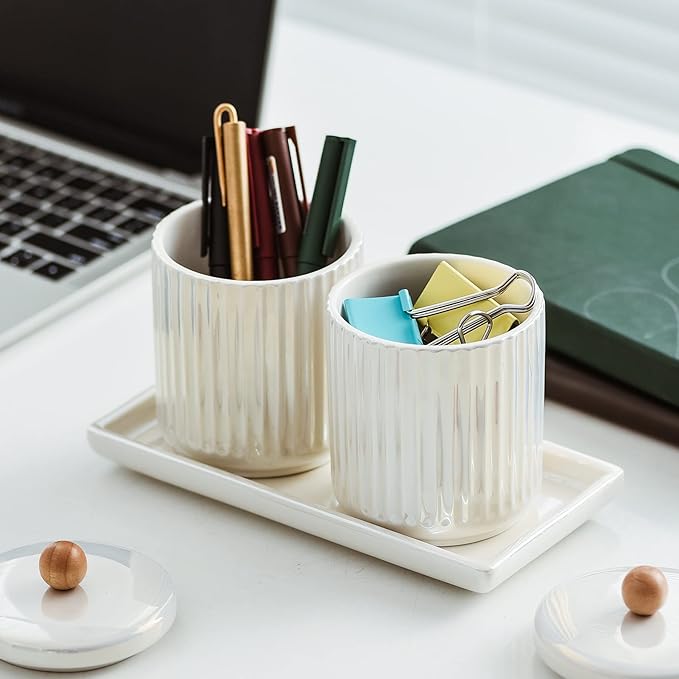 Ceramic Bathroom Canister Set with Coordinating Small Vanity Tray Qtip Holder Dispenser for Cotton Ball,Swab,Pads, Floss, Bathroom Storage Jars with Lids Pearl White-Ruum Studio Home