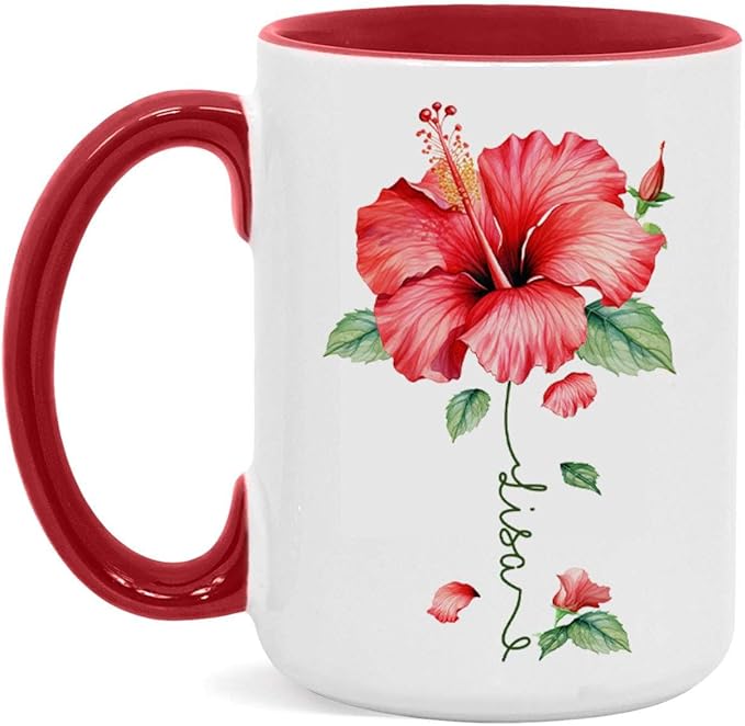 Personalized Hibiscus Blossom Design Mug, Custom Name Vibrant Flower Coffee Cup, Customized Mug For Floral Enthusiasts, Novelty Hibiscus Flower Ceramic Cup 11oz 15oz, Gift For Women-Ruum Studio Home