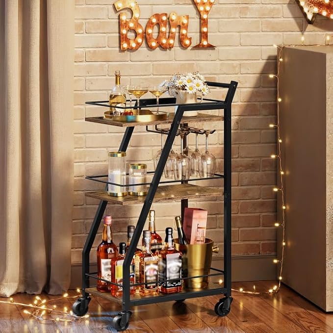 Bar Cart, 3-Tier Bar Cart for The Home, Home Bar Serving Cart with Glass Holders, Beverage Cart for Kitchen, Dining, Party Room, Rustic Brown and Black BC03BR-Ruum Studio Home