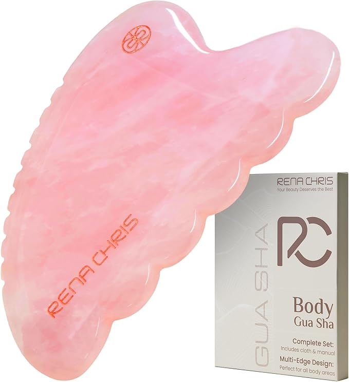 Rena Chris Body Gua Sha Tools, Natural Rose Quartz Jade GuaSha Tool, Manual Massage Sticks for Jawline Sculpting and Puffiness Reducing, Whole Body Skin Care Massager (Pink)-Ruum Studio Home