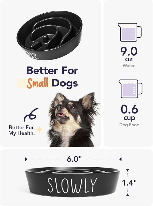 Ceramic Slow Feeder Dog Bowls Small Breed, 0.6 Cups Dog Food Dish for Fast Eaters, Puzzle Bowl for Small Dogs and Cats,Black-Ruum Studio Home