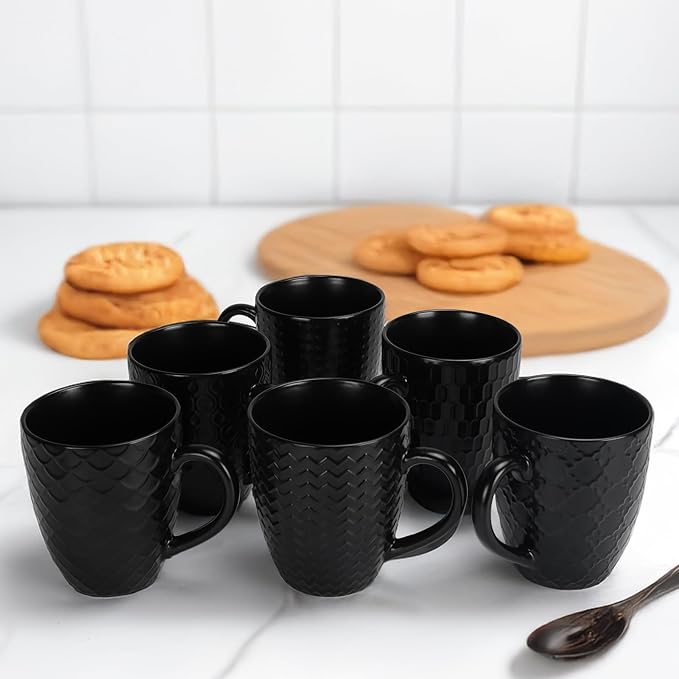 16 OZ Bone Coffee Mugs Set of 6 Matte Black, Large Ceramic Coffee Mugs Set with Different Texture Patterns, Porcelain Cups with Handle for Espresso Latte Tea Milk-Ruum Studio Home