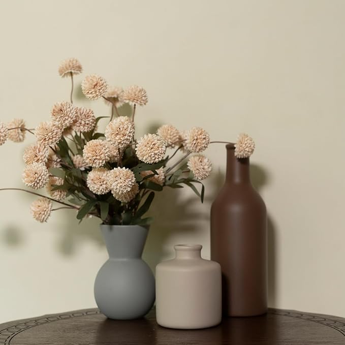 Fake Flowers in Vase for Centerpieces, Faux Flowers in Modern Ceramic Vase Set of 3 with 8 Artificial Autumn Chrysanthemums Home Decor-Ruum Studio Home