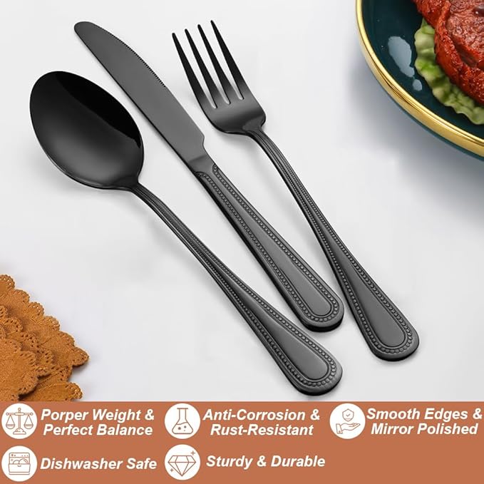 40 Pcs Black Silverware Set for 8 with Pearled Edge Handle design, Food Grade Stainless Steel Flatware Set, Eating Utensils Sets Include Fork/Knife/Spoon, Reusable Cutlery Set, Dishwasher Safe-Ruum Studio Home
