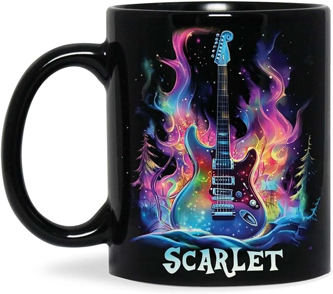 Personalized Electric Guitar Mug 11oz 15oz, Custom Choose Name Coffee Cup, Customized Rock Music Themed Black Mug, Gift For Musicians, Electric Guitar Ceramic Cup With Cosmic Design-Ruum Studio Home