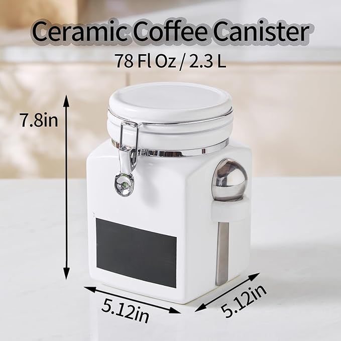 Ceramic Coffee Canister with Airtight Lid and Scoop, Large 78 Fl Oz / 2.3 L Kitchen Food Storage Container Jar for Grounds Coffee, Beans, Tea, Sugar, Flour, Cereal, Nuts, Cookie, White-Ruum Studio Home