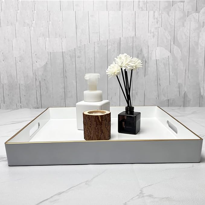White Decorative Tray, Square Serving Tray with Handles, Plastic Coffee Table Tray for Ottoman, Living Room, Kitchen Tabletop, 13"x13"x1.6"-Ruum Studio Home