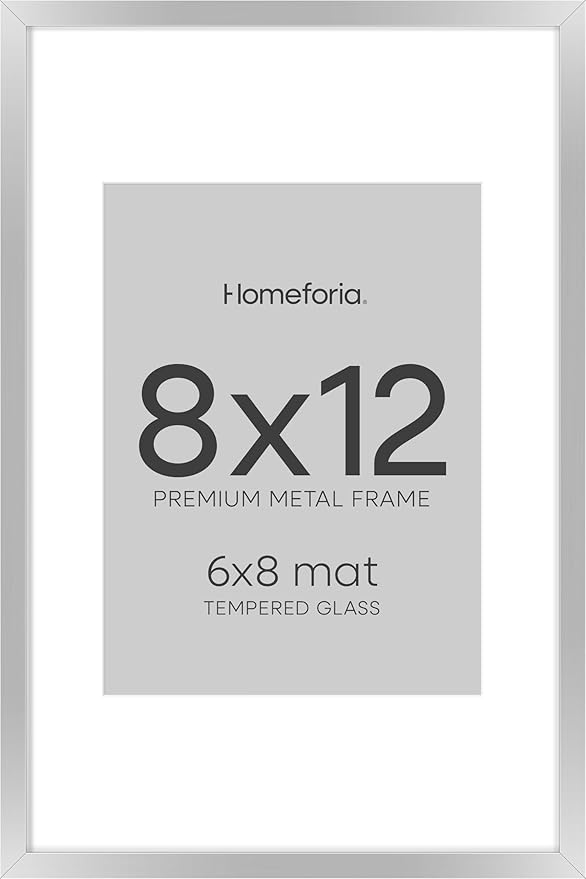 Homeforia Silver 8x12 Picture Frame, High End Metal 8 x 12 Poster Frames with Mat 6 by 8 for Photo, 12x8 Frame Matted to 6x8 inch Art, 8by12 Wall or Tabletop Frames, Tempered Glass, Wall Kit, Set of 1-Ruum Studio Home